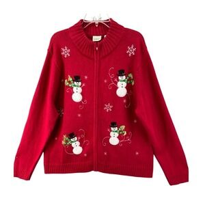 VTG Classic Elements Cardigan Womens Sz 20 - 22 Christmas Snowman Winter‎ Zip Up